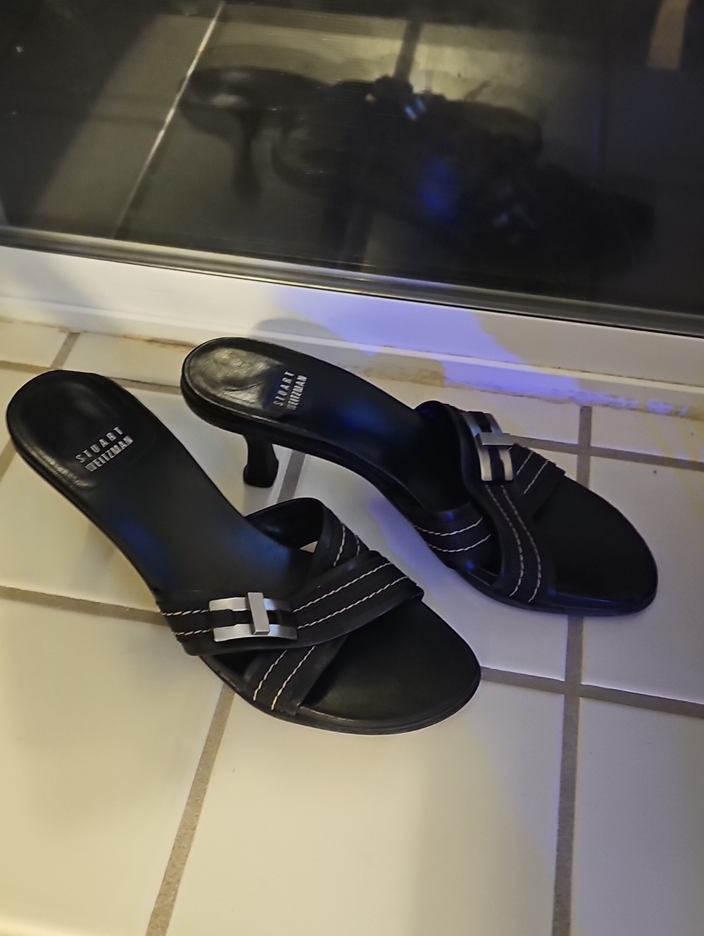 Stuart Weitzman Black Slide Heel with Decorative Buckle Size 8.5